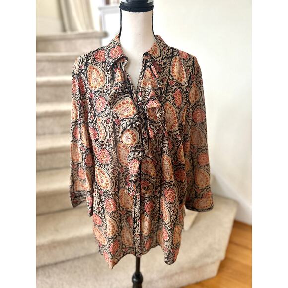 Ralph Lauren Black Orange Paisley Block Print Cotton Ruffle Button Down - Picture 1 of 7